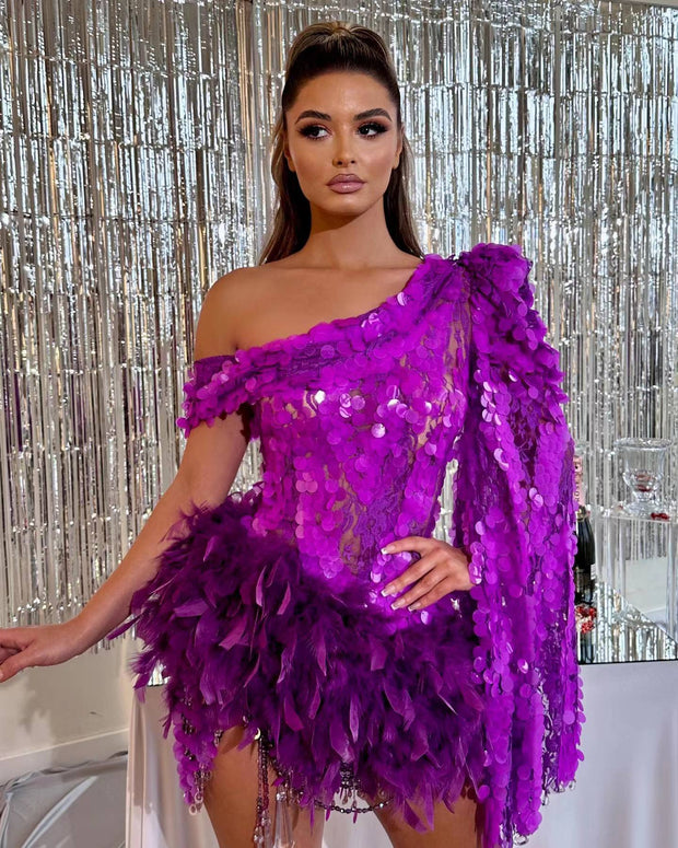 Purple Sequined Feather Skirt One-shoulder Sleeve Luxury Party Stage Performance Dress