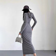 Women’s Hooded Sheath Dress – Long Sleeve, Over-the-Knee Length