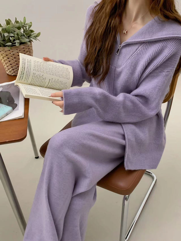 Knitted Zipper Cardigan Wide Leg Pants Solid Color Two-piece Set