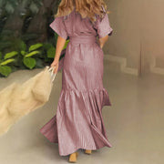 Women’s Striped Button-Down Maxi Shirt Dress – Tie Waist, Short Sleeves & Pockets