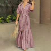 Women’s Striped Button-Down Maxi Shirt Dress – Tie Waist, Short Sleeves & Pockets