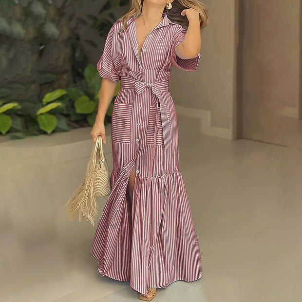 Women’s Striped Button-Down Maxi Shirt Dress – Tie Waist, Short Sleeves & Pockets