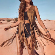 Women’s Solid Color Fringe Vest – Round Neck with Boho Tassels