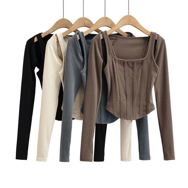 Short Fishbone Vest Waistcoat T-shirt Long Sleeve Two-piece Set