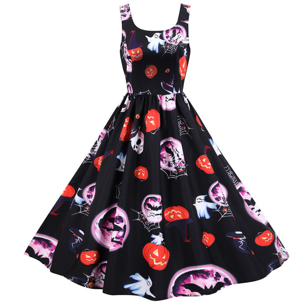 Halloween Rock And Roll Sleeveless Floral Dresses 1111