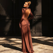 Long Sleeve High Collar Temperament Slim Fit Pleated Backless Dress