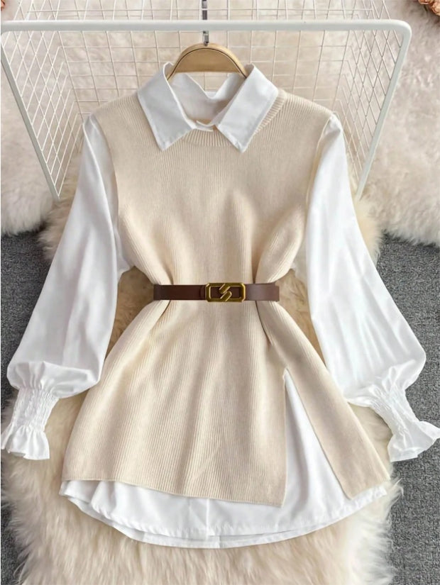 Women Vintage Apricot Split Hem Rib Knit Vest