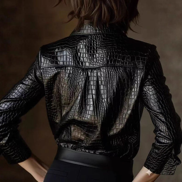 Women's PU Leather Glossy Serpentine Long-sleeved Top