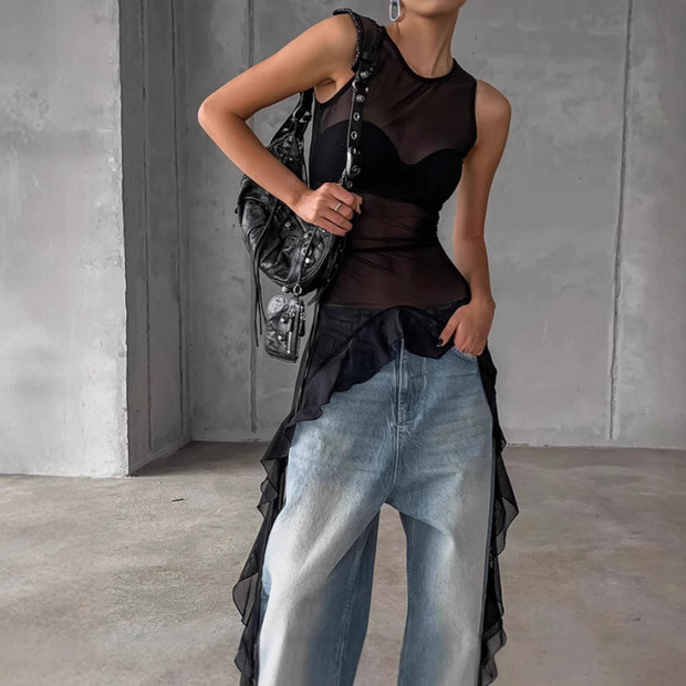 Black Tulle Ruffled Maxi Top