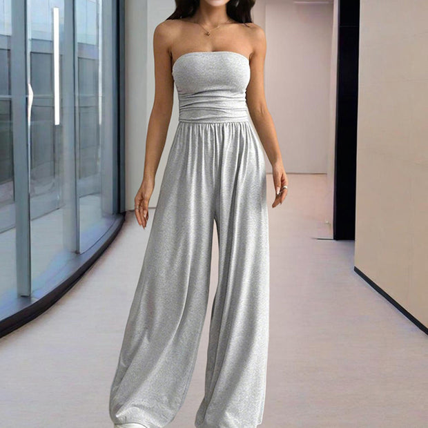Women’s Strapless Wide-Leg Jumpsuit – Pleated Summer Outfit