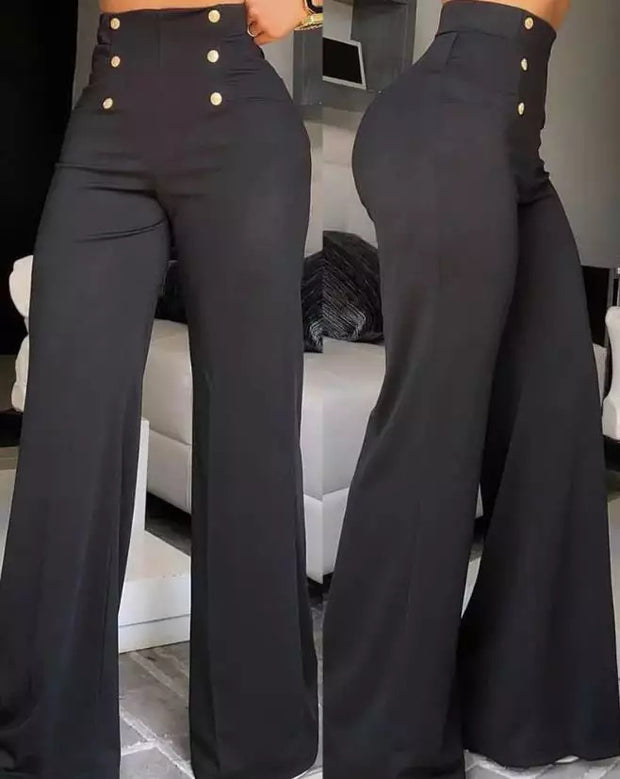 Women’s Slim Fit Flared Trousers – Double-Breasted, Stretch