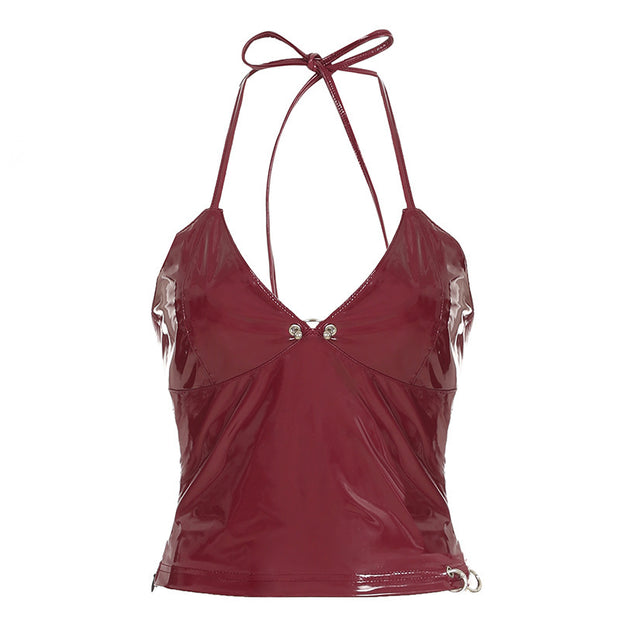 V-neck Metal Buckle Pleated Chest Slimming Leather Sling Top