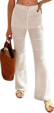Women's Boho Crochet Beach Cover-Up Pants – Sheer High-Waist Swimwear with Drawstring