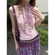 Retro Romantic Pattern Halterneck With Suspenders Vest