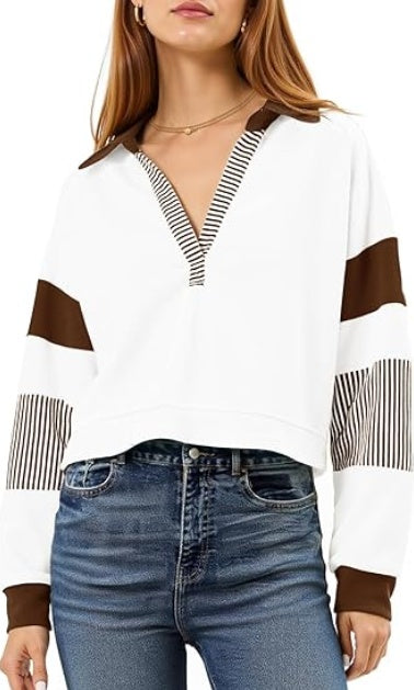Women’s Color Block Long Sleeve Crop Top – V-Neck Polo Pullover Sweatshirt