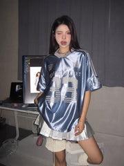 Trending Retro V-neck Splicing Letter Print Short-sleeve