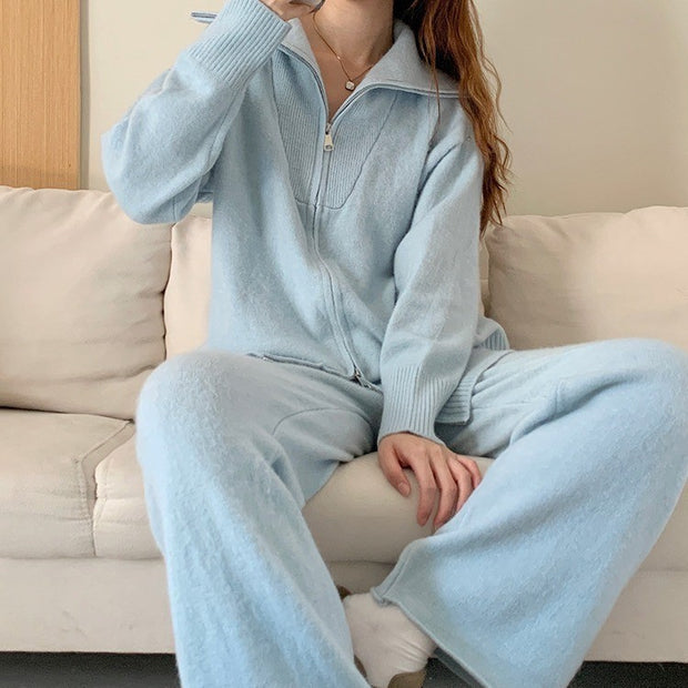 Knitted Zipper Cardigan Wide Leg Pants Solid Color Two-piece Set
