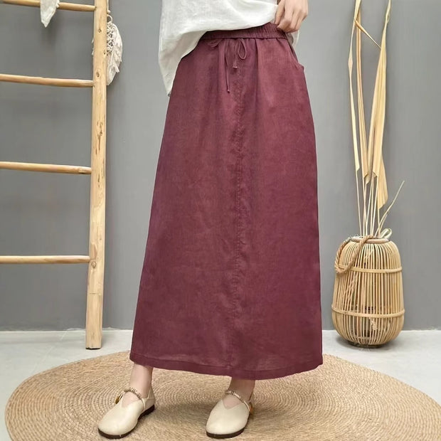 Lace-up Linen Back Slit High Waist Skirt