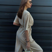 Pure Color Tied Girdle Depth V-neck Casual One-piece Wide-leg Pants
