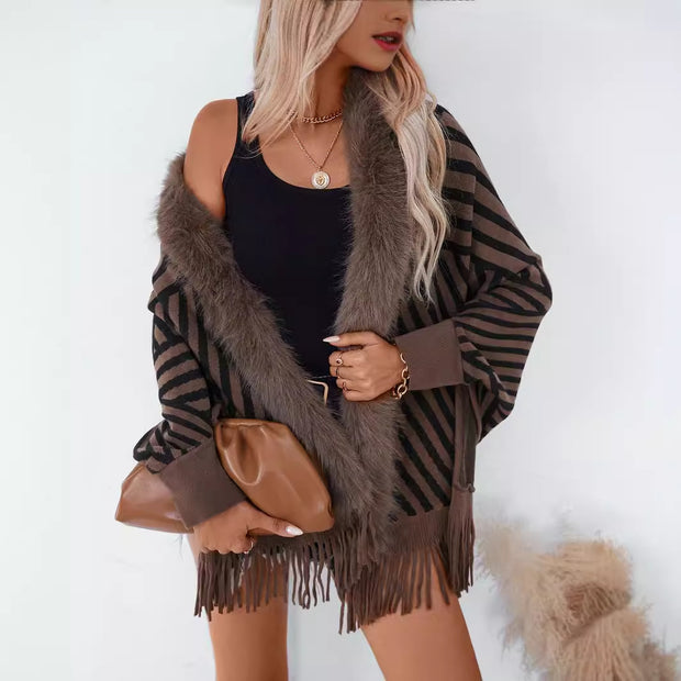 European And American Fall Winter Fashion Striped Tassel Knitte