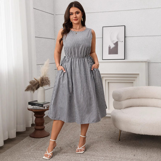 Contrast Color Striped Sleeveless Pocket Fashion Dress 1111