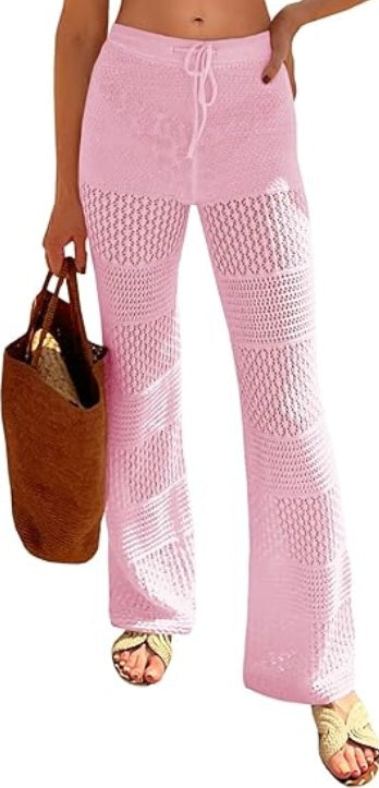 Women's Boho Crochet Beach Cover-Up Pants – Sheer High-Waist Swimwear with Drawstring