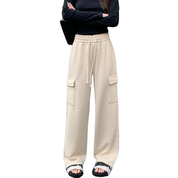 High Waist Straight Large Pocket Loose Drawstring Ankle-tied Sports Pants