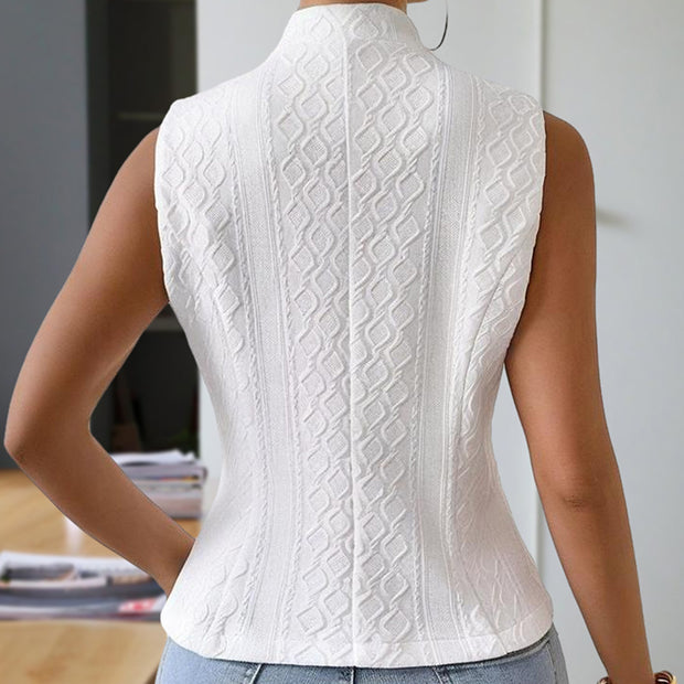 Women’s Sleeveless Stand Collar Vest – Ribbed, Button-Detail Outerwear