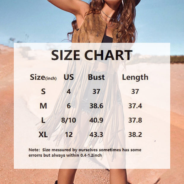Women’s Solid Color Fringe Vest – Round Neck with Boho Tassels