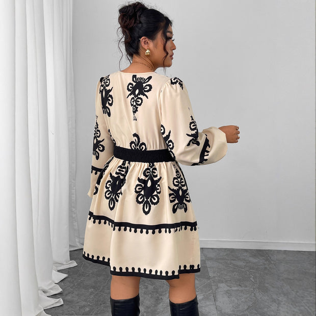 Fashion Round Neck Puff Sleeve Printing Dress Women 1111