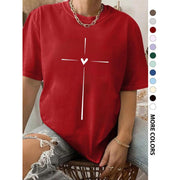 Women's Cross Heart Print Round Neck Tee Graphic Tees T-shirt