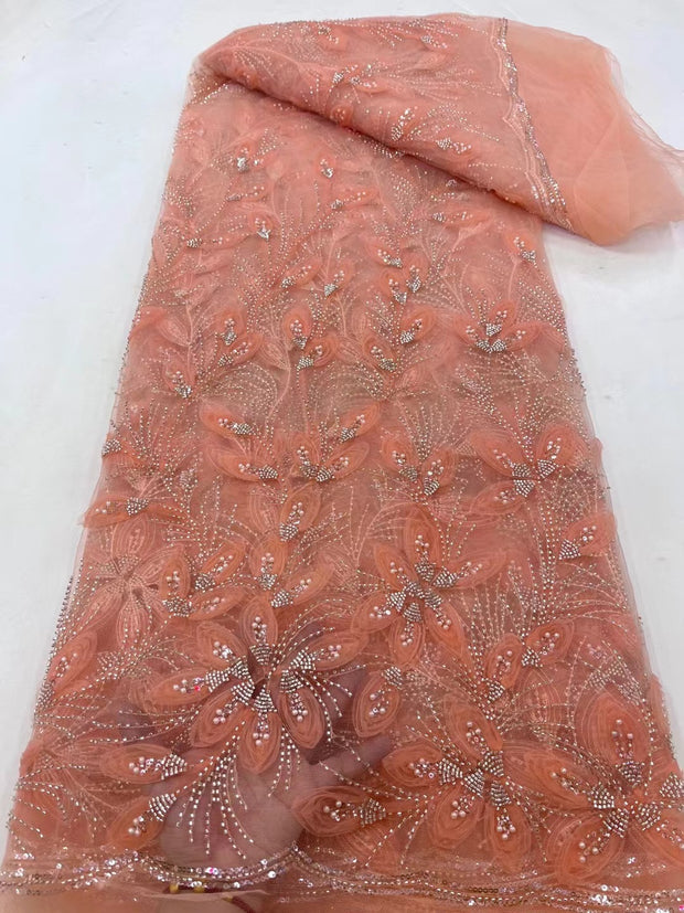 Ribbon Flower Beaded Tulle Lace Fabric Cocktail Party Occasion Evening Dress Embroidered Cloth Lace 1111