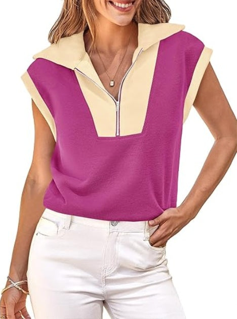 Women’s Color Block Half-Zip Short Sleeve Pullover – V-Neck Summer Top