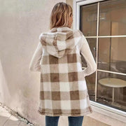 Fashion Elegant Cardigan Two-tone Plaid Hooded Women's Plush Vest Coat