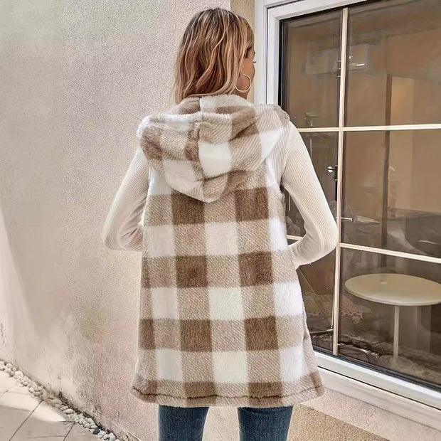Fashion Elegant Cardigan Two-tone Plaid Hooded Women's Plush Vest Coat