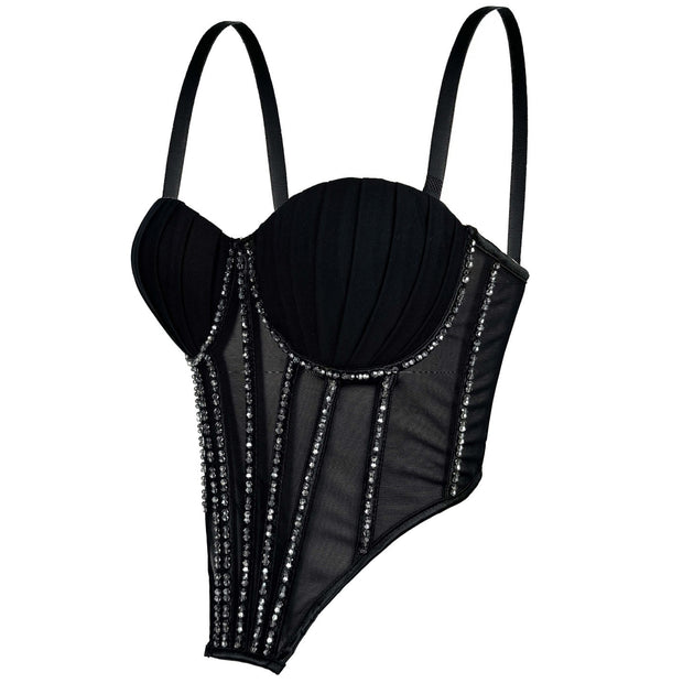 Sexy Mesh Rhinestone Bustier – Braces, Breast Pads & Fishbone Support