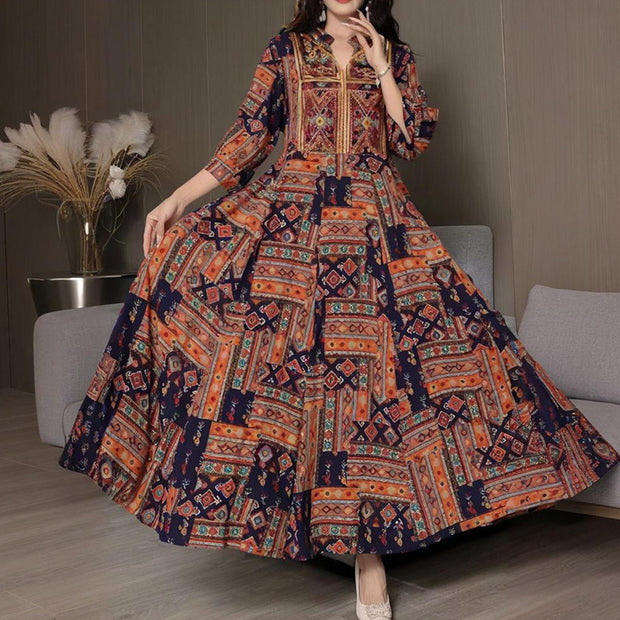 Women’s Middle Eastern Boho Maxi Dress – Geometric Print, V-Neck & Embroidery