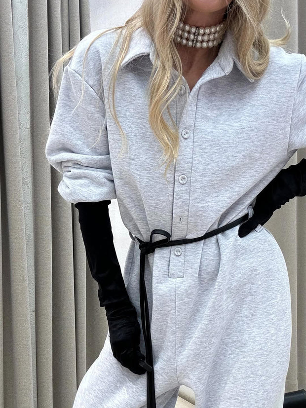 Grey Collared  Long Sleeves Oversized Jumpsuit