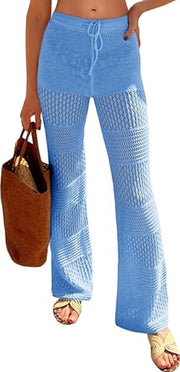 Women's Boho Crochet Beach Cover-Up Pants – Sheer High-Waist Swimwear with Drawstring