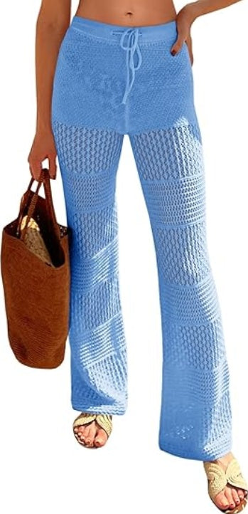 Women's Boho Crochet Beach Cover-Up Pants – Sheer High-Waist Swimwear with Drawstring