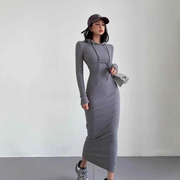Women’s Hooded Sheath Dress – Long Sleeve, Over-the-Knee Length