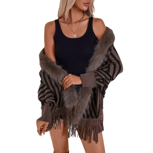 European And American Fall Winter Fashion Striped Tassel Knitte