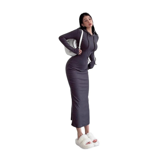Women’s Hooded Sheath Dress – Long Sleeve, Over-the-Knee Length