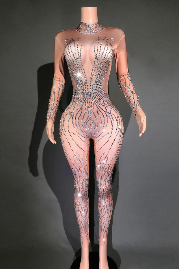 Women's Sexy Rhinestones Striped Tight Jumpsuit