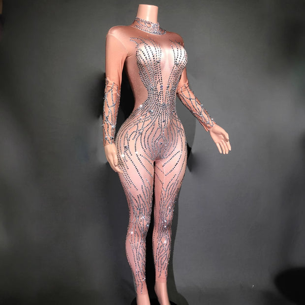 Women's Sexy Rhinestones Striped Tight Jumpsuit