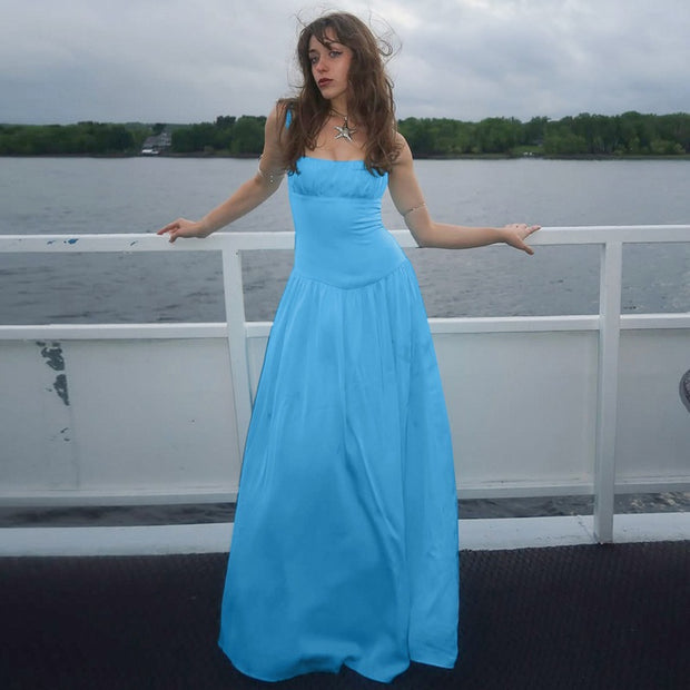 Off-neck Pleated Stitching High Waist Slimming Solid Color Sling Dress
