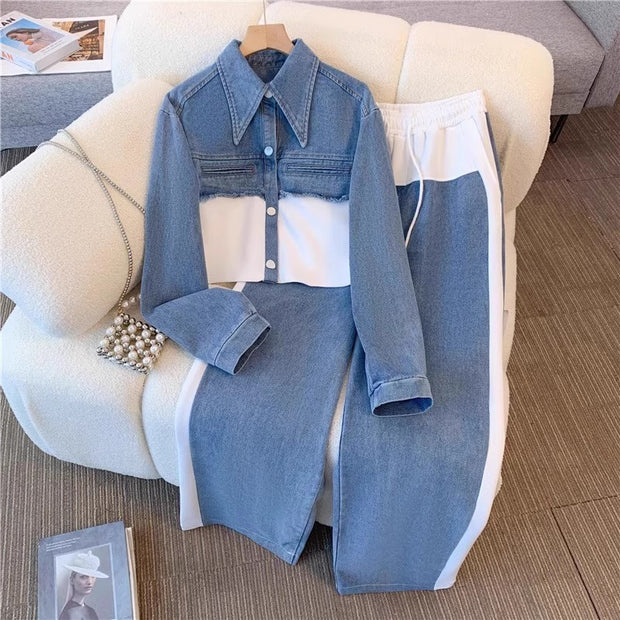Two Pieces Stitching Suit Casual Suit Denim