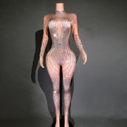 Women's Sexy Rhinestones Striped Tight Jumpsuit