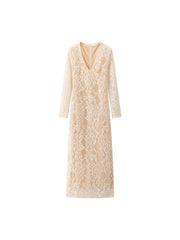 European And American Style Sexy Female Deep V Long Sleeve Mesh Lace Hollow Dress 111