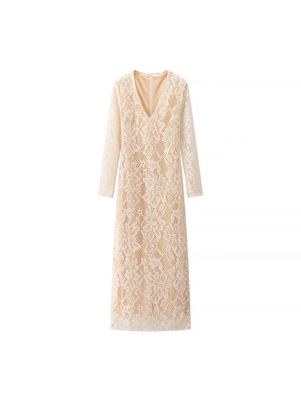 European And American Style Sexy Female Deep V Long Sleeve Mesh Lace Hollow Dress 111